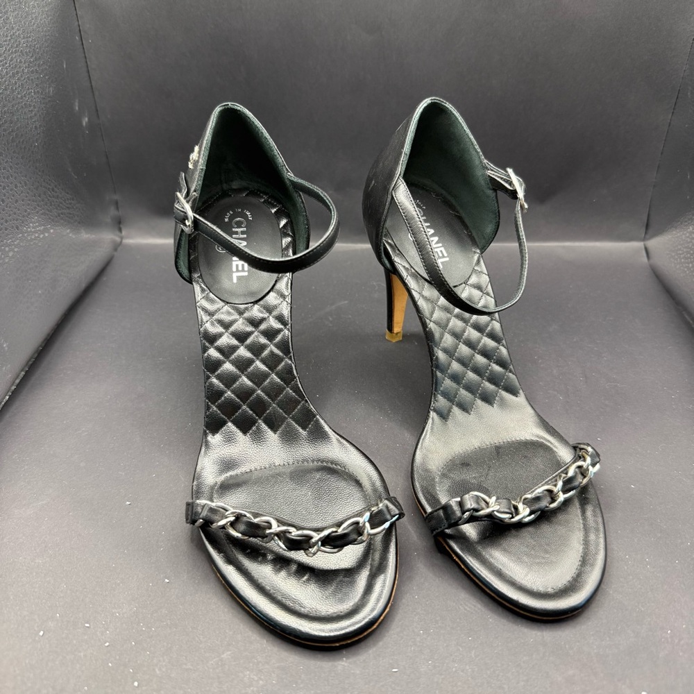 CHANEL Black Strappy Heels with Chain Detail